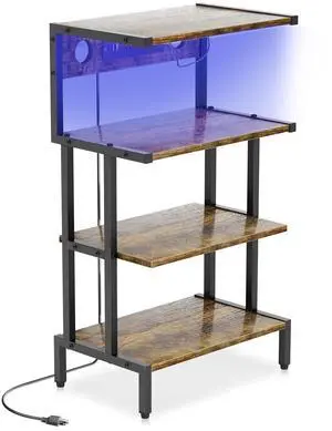 Video Game Console Shelf, Stereo Racks - Media Stand with Outlet & Led Strip Light, 4-Tier Gaming Shelf for PS4 PS5 Xbox Games Organizer, Small Entertainment Center, AV Media Stand for CD DVD