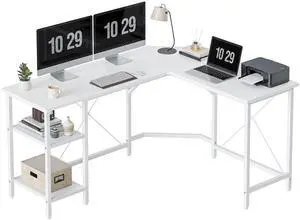 L Shaped Desk, 59.1 Inch Reversible Corner Desk with Storage Shelves, Home Office Desk for Writing Gaming Study, Warm White