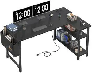 L Shaped Computer Desk with Power Outlet Shelves, 47 Inch Corner Desk for Home Office Bedroom, L-Shaped Study Writing Working PC Desks, Black