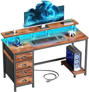 47" Computer Desk with 4 Fabric Drawers & Monitor Stand, Gaming Desk with Power Outlets - LED Lights, Home Office Space-Saving Study Table for Bedroom Small Spaces (Rustic Brown)