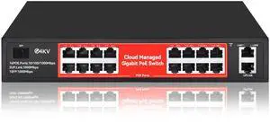 16 Port Gigabit PoE Switch, Smart Managed Gigabit Ethernet Switch, 16 PoE+ Ports@240W, Plug and Play, Vlan, Fanless, Desktop or Rackmount, Overload Protection w/ Port