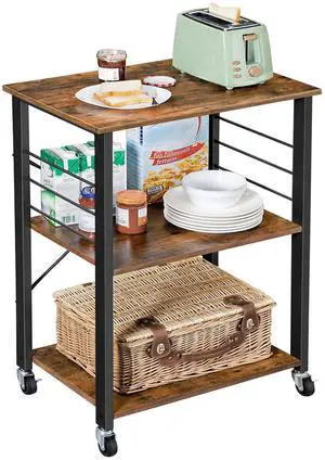 Kitchen Shelf on Wheels, Serving Cart with 3 Shelves, Kitchen Cart, Microwave Shelf, for Mini Oven, Toaster, with 6 Hooks, Industrial Style, Rustic Brown and Black UKKS60XV1