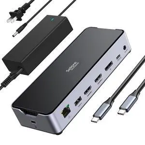 USB C Docking Station 3 Monitors Laptop Dock Dual Monitor with 2 HDMI DisplayPort 4K@144Hz,USB A 2.0/3.0,USB C 3.1 10Gbps&30W Output,Ethernet,microSD&SD,Audio&Mic,150W DC Power for Dell/Lenovo/HP USB C Docking Station 3 Monitors Laptop Dock Dual Monitor with 2 HDMI DisplayPort 4K@144Hz,USB A 2.0/3.0,USB C 3.1 10Gbps&30W Output,Ethernet,microSD&SD,Audio&Mic,150W DC Power for Dell/Lenovo/HP