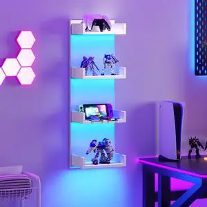 Floating Wall Shelves with LED Lights, 4-Tier Floating Shelf Wall Mounted for Storage, Vertical Display Stand, Modern Column Rack, for Bedroom, Living Room, Hallway, White WT41DBJ01