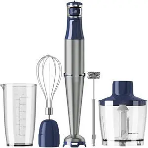 Immersion Blender Handheld Corded Hand Blenders Set 1100W, Trigger Variable Speed 5 in 1 Stick Emulsifier with Chopper, Whisk and Frother for Soup, Baby Food and Smoothies, Navy Blue