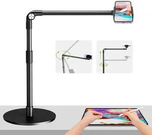 Heavy Duty Aluminum Overhead Phone Stand, 15 in Long Arm iPhone Holder for Video Recording, 360 Degrees Swivel Tilt Overhead Phone Mount for Filming, Meeting, Cooking, Painting and Crafting