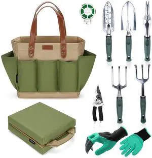 Garden Tool Tote Solid Bag with 11 Piece Hand Tools,Best Gardening Gift Set Organizer with Vegetable Garden Tool Kit,Free Kneeler Pad,Digging Claw Gloves and All Necessary Gardening Accessories