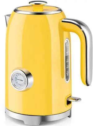Electric Kettle - 57oz Hot Tea Kettle Water Boiler with Thermometer, 1500W Fast Heating Stainless Steel Tea Pot, Cordless with LED Indicator, Auto Shut-Off & Boil Dry Protection, Retro Yellow Electric Kettle - 57oz Hot Tea Kettle Water Boiler with Thermometer, 1500W Fast Heating Stainless Steel Tea Pot, Cordless with LED Indicator, Auto Shut-Off & Boil Dry Protection, Retro Yellow