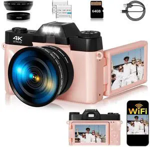 Digital Camera, FHD 4K 75MP WiFi Vlogging Video Camera for YouTube with 3'' 180°Flip Screen, 64GB SD Card, 16x Digital Zoom, 2 Batteries, Point and Shoot Digital Camera for Beginner (Pink)