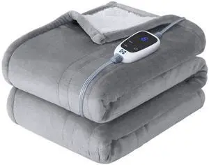 Electric Throw Blanket, Flannel & Sherpa Heated Throw with 6 Heating Levels & 2-10 Hours Auto Shut Off, Fast Heating & Machine Washable, 50x60 Inch, Light Grey