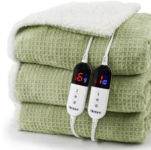 Heated Blanket Electric Blanket Queen Waffle, 84x90 Inches Dual Controllers Sherpa Fleece Fast Heating Blanket 6 Heating Levels & 10 Hours Auto Off ETL Certification, Sage Queen