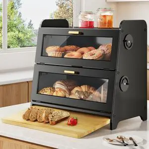 Bread Box - Kitchen Countertop Bread Storage Container with Bamboo Cutting Board, Adjustable Vent Hole Dials, Black Bread Box - Kitchen Countertop Bread Storage Container with Bamboo Cutting Board, Adjustable Vent Hole Dials, Black