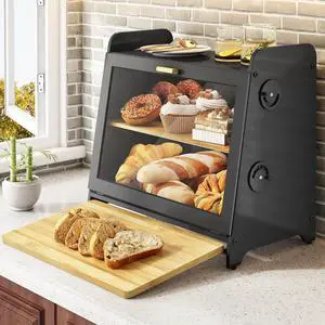 Bread Box, Wooden Bread Storage Container for Kitchen Countertop with Bamboo Cutting Board, Black (L)