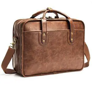 Leather Briefcase for Men - 15.6 Inch Business Laptop Bag - Water Resistant Vintage Messenger Bag - Brown