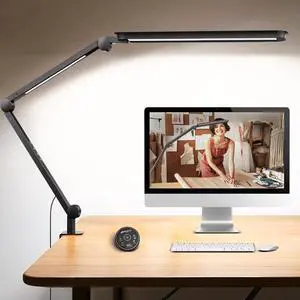 LED Desk Lamp with Clamp, Architect Desk Lamp with Remote, Flexible Swing Arm Desk Light with Dual LED Light, Stepless Dimming, 5 Color Mode & 4 Brightness for Sewing Painting Drafting Crafting