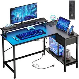 Gaming Desk for Bedroom L Shaped Small Corner Computer Desk with Power Outlets and LED Lights, PC Desk, Home Office Desks with Drawer, Writing Desk Study Desk, Black