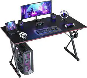 Gaming Desk 47 Inch PC Computer Desk, Carbon Fiber Home Office Desk Table Gamer Workstation, Simple Game Table with Headphone Hook, Black