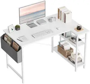 L Shaped Desk, 47" Small Reversible Corner Computer Desk with Storage Shelves, Home Office Desk Study Writing Table, White