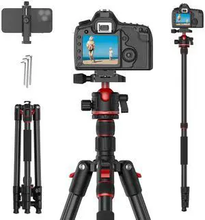 74" Camera Tripod for DSLR/Monopod,360°Ball Head,Quick Release Plate,Phone Holder,Aluminum Lightweight Compact Travel Tripod Stand,Camera Tripod Compatible with DSLR/Phone,Max Load 10KG/22.05LB