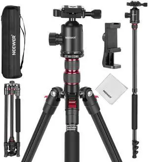 77" Camera Tripod Monopod with Cell Phone Holder Compatible with iPhone for Video Recording, Compact Aluminum Travel Stand with Ball Head QR Plate Bag Cleaning Cloth, Max Load 34lb, TP77