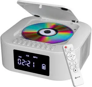 Boombox E1 - CD Player Portable Audio System + Extra BASS with Subwoofer + FM Radio, CD MP3 Bluetooth AUX USB + Wired and Wireless Mode Rechargeable Battery + Remote Control - White