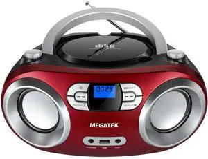 Portable CD Player Boombox with FM Radio, Bluetooth, USB Port, AUX Input, and Headphone Jack  CD-R/CD-RW/MP3-CD Compatible, Clear Stereo Sound, Backlit LCD Display  Cherry Red