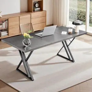 70.9Inch Office Desk, Executive Office DeskModern Industrial Style, Z-Shaped Table Legs, Country Black Wood Grain Top, for Home Office, Study, Conference (Ash Black)