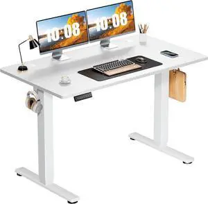 Sweetcrispy Electric Standing Desk Adjustable Height, 48x24 Inch Sit Stand Up Home Office Desks Computer Workstation PC Work Table with 3 Memory Preset Splice Wood Board Metal Frame, White