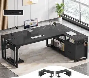 71 in Executive Desk with Power Outlets, Reversible L Shaped Desk with File Drawers & Storage Shelves, Large Office Desk Computer Desk with Pegboard, Mobile CPU Stand, Modern Corner Desk (Black)