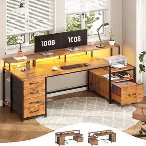 SEDETA Home Office Desk with File Drawer & Power Outlet, 75'' Large Computer Desk with 5 Drawer, Storage Shelves, Monitor Shelf and Led Lights, 23.6" W Desktop Gaming Desk, Rustic Brown