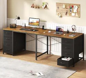 TVU 2 Person Desk with 8 Drawers, Large Home Office Computer Desk with Power Outlets, 78 Inch Long Double Desks for Two People, Rustic Brown