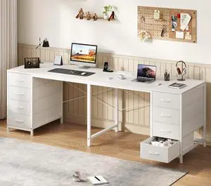 TVU 2 Person Desk with 8 Drawers, Large Home Office Computer Desk with Power Outlets, 78 Inch Long Double Desks for Two People, White