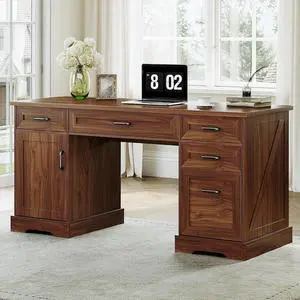 Casaottima 59 Inch Wood Farmhouse Office Desk with Drawers, Executive Computer Desk with File Cabinet & Charging Station for Home Office, Walnut Casaottima 59 Inch Wood Farmhouse Office Desk with Drawers, Executive Computer Desk with File Cabinet & Charging Station for Home Office, Walnut