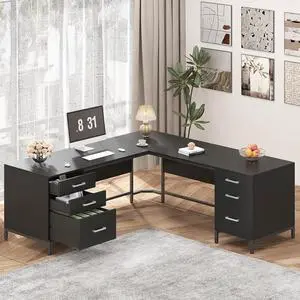 TVU 59 L Shaped Desk with 6 Drawers, Large Home Office Corner Computer Desk with Storage File Cabinet, Modern Metal Wood Desk for Executive Writing Study Workstation (Black)