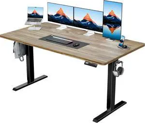 HUANUO 55" x 28" Electric Standing Desk Adjustable Height, 4 Memory Height Settings, Headphone Hook, Cable Manager, Sit Stand Up Desk for Home Office & Computer Workstation, Wooden Block