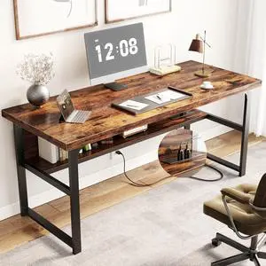 Unikito 53 Inch Desk with Power Outlets & USB Ports, Computer Desk with 1.4 Thicker Desktop, Heavy Duty Study Writing Table with Shelf, Work Gaming Desk for Home Office, Metal Frame, Rustic Brown