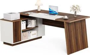 LITTLE TREE 70.5-Inch Executive Desk, Large Home Office Desk with Storage Cabinet and Open Shelves, L-Shaped Computer Corner Desk, Workstation for Office Home, Walnut and Black