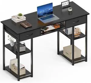 Sweetcrispy Desk with Fabric Drawers, Computer Office 48 Inch Gaming Writing Study 4 Storage Shelves Table for Home Office Bedroom PC Desk, Black Wood