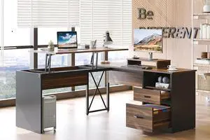 Bestier Lift Top L Shaped Desk with File Drawer, 55'' x 55'' Office Desk with Reversible Storage Drawers and Computer Monitor Stand (Walnut)