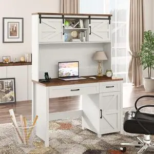Farmhouse 47" Executive Desk, Computer Desk with 2 Drawers and Storage Cabinet, Home Office Desk with Hutch, Charging Hub, Workspace for Work and Study, Antique White