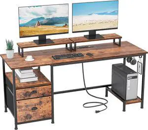 Furologee 55" Computer Desk with File Cabinet and Power Outlets, Home Office Desk with 2 Movable Monitor Stands and Storage Drawer, Writing Table with Shelves and 2 Hooks for Bedroom, Rustic Brown