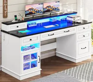 Executive Desk with File Drawer, Computer Desk with Monitor Stand, Home Office Desk with Drawers & Storage Cabinet, Writing Desk with Charging Station & LED Lights, White