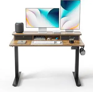 FEZIBO 48 x 24 Inch Height Adjustable Electric Standing Desk with Double Drawers, Stand up Desk, Home Office Computer Workstation with 4 Height-Adjustable Feets & 2 Hooks, Rustic Brown