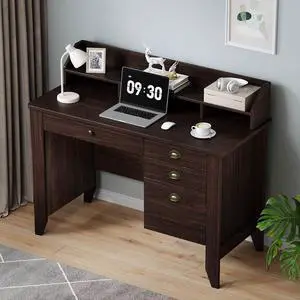 4 EVER WINNER Small Desk with Drawers, Office Desk with File Drawer and Monitor Stand, Writing Desk Study Table for Small Spaces, Espresso