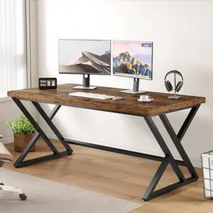 LVB Rustic Computer Desk, Metal Wood Home Office Desk, Industrial Simple Study Executive Desk for Writing Work, Wooden Student Gaming Computer PC Table with Storage for Bedroom, 55 Inch, Rustic Brown