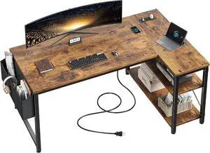 EnHomee 48 Inch L Shaped Computer Desk with Storage Shelves & Side Bag, Office Desk with Power Outlets, Small Corner Desk for Gaming Working Small Space Home Office Bedroom, Study Writing Table, Brown