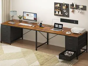 TVU 95" 2 Person Desk with 8 Drawers, Large Writing Home Office Desks with Outlets, I Shaped Workstation Double Desk Drawer Organizers (Rustic)