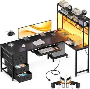 AODK 59 Inch L Shaped Desk with 4 Drawers, Reverisble Computer Desk with Keyboard Tray & Pegboard, Home Office Desk with Storage Shelves & CPU Stand, Gaming Desk with Led Lights & Power Outlets, Black