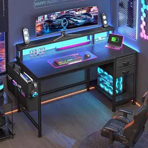 40" Gaming Desk with Drawers&Storage Bag, Computer Desk with Power Outlets and LED Lights, Office Desk with Monitor Stand for Bedroom Gaming Room, Study Work Home Office, Small Spaces, Black