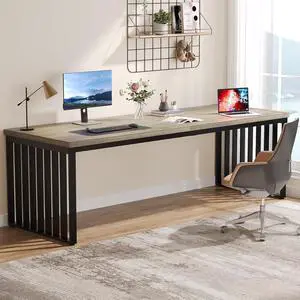 Tribesigns 78.74" Extra Long Computer Desk 2 Person Desk, Double Long Desk with Heavy Duty Metal Frame, Double Workstation Study Table for Home Office, Brown (Without Chair) (Gray & Black)